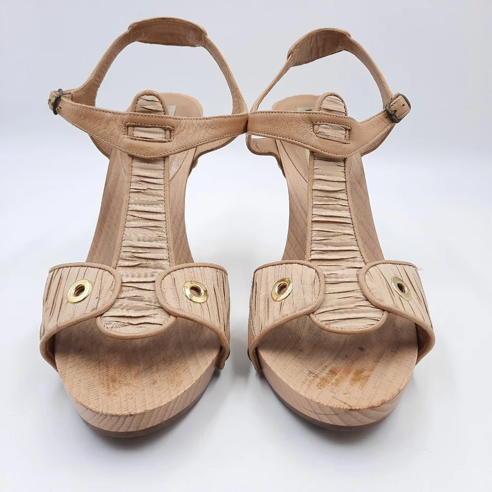 Manolo Blahnik Y2K Wood Platform Sandal Heel Bohemian Coquette 70s Tan 37 EU - Picture 13 of 14